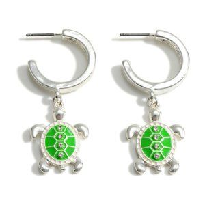 Silver Hoop Earring With Enameled Turtle Charm Green